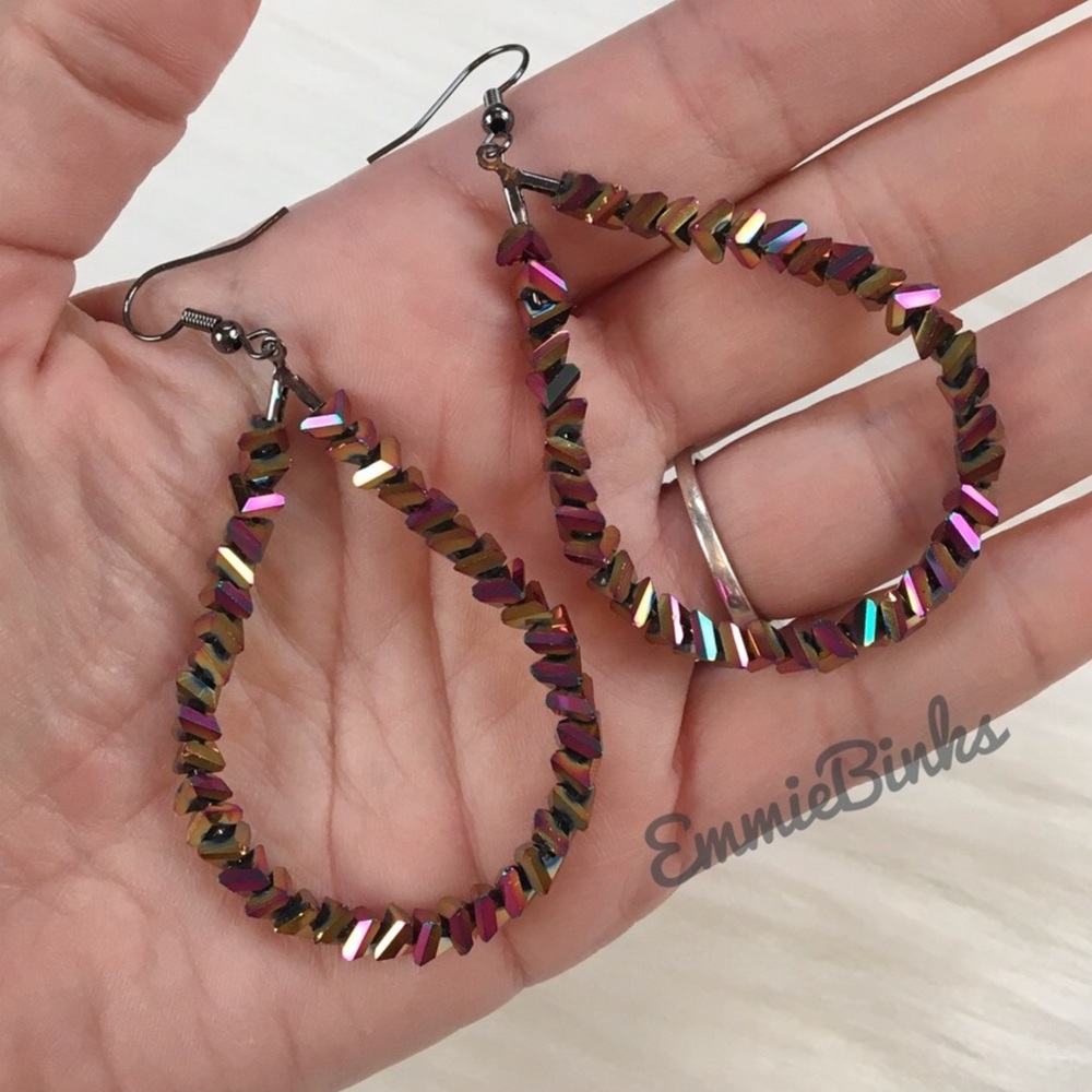 New FP Oil Slick Holographic Beaded Teardrop Dangle Earrings - Picture 10 of 14